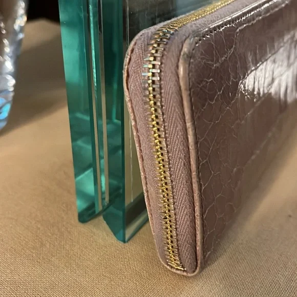 Miu Miu Long Zip Around Croc Embossed Beige Wallet - Picture 4 of 9